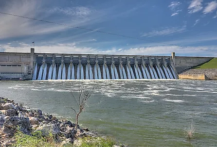 Whitney Dam releases water into the Brazos River below Lake Whitney, Texas.