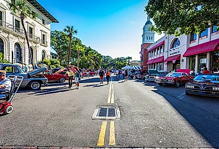 Classic car show on a downtown street in Fernandina Beach, Florida. Image credit Gestalt Imagery via Shutterstock.