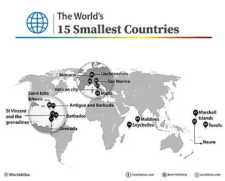 A map showing the locations of 15 smallest countries in the world