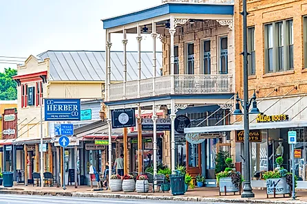 The shoppes in old historic buildings along Main Street through Fredericksburg, Texas