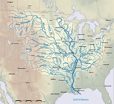 The Mississippi drainage basin includes the Missouri and the Mississippi rivers, the two longest main-stem rivers in the United States, By Shannon1 - Own work, https://creativecommons.org/licenses/by-sa/4.0, https://commons.wikimedia.org/w/index.php?curid