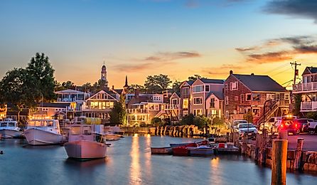 Rockport, Massachusetts, downtown and harbor view at dusk.