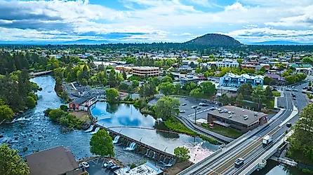 Aerial view of a riverfront community in Bend, Oregon.
