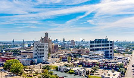 Aerial view of Beaumont, Texas, cityscape with modern and historic building.