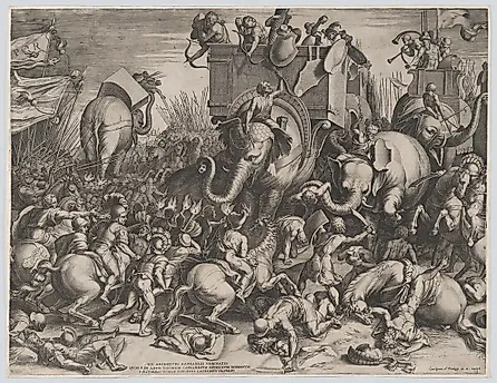 The Battle Between Scipio and Hannibal at Zama. Image by Cornelis Cort, Public domain, via Wikimedia Commons.