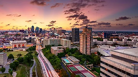 Aerial view of Kansas City skyline at dusk, viewed from Penn Valley Park.
