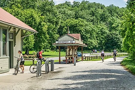 Cyclists at Rocheport station on Katy Trail in Rocheport, Missouri.