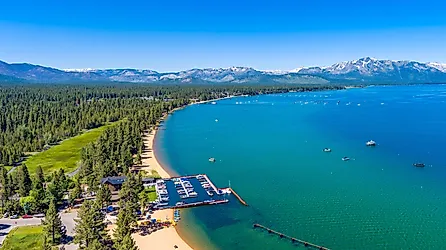 Aerial view of the shoreline of Lake Tahoe, via gchapel / iStock.com