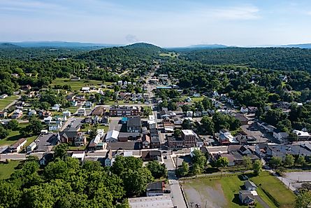 Aerial view of Hancock, Maryland and surrounding hills.