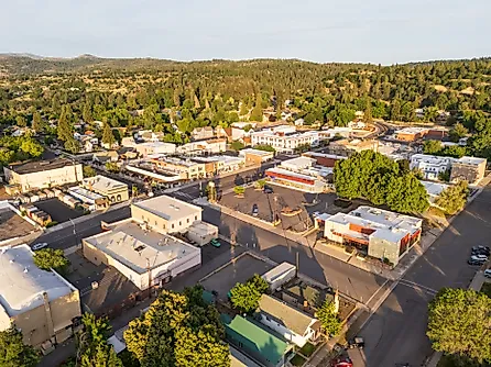 Aerial view of the historical downtown of Susanville, California at sunrise. 