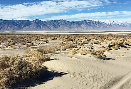 Salt flats on the bed of Owens Lake, seen from State Route 190 near Lone Pine, California.
