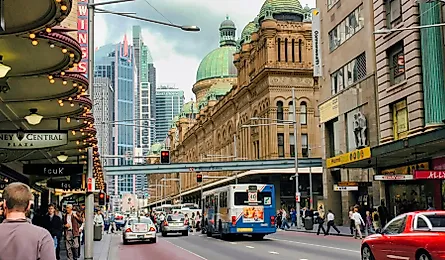 View of George Street in bustling Sydney downtown, combining fine shopping with classic and modern office buildings. Editorial credit: Lux Blue / Shutterstock.com