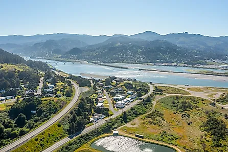 Aerial view of the Rogue River in Gold Beach, Oregon.