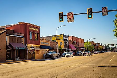 Kalispell, Montana, US: Scenic street view with shops and restaurants. Kalispell is the gateway to Glacier National Park. Editorial credit: Nick Fox / Shutterstock.com