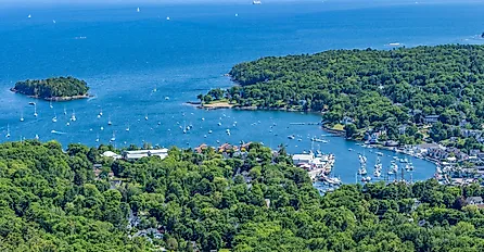 A view of the harbor in Camden, Maine from the summit of Mount Battie in Camden Hills State Park.