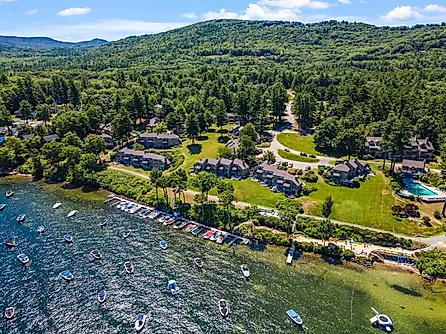 Aerial view of houses near Lake Winnipesaukee in Laconia, New Hampshire.
