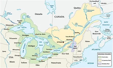 Map of the great lakes and St Lawrence river drainage. 