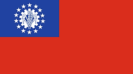 Red banner with blue canton containing seal surrounded by 14 5-pointed stars