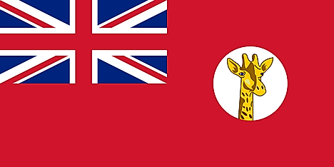 Red filed with Union Jack on canton and white disc containing giraffe's head on fly side 