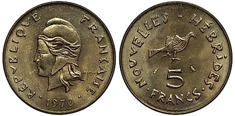 French New Hebrides coin 5 five francs 1970, female head in liberty cap left, date below, native design of exotic bird, denomination below.