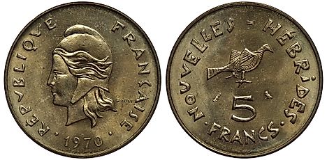 French New Hebrides coin 5 five francs 1970, female head in liberty cap left, date below, native design of exotic bird, denomination below.