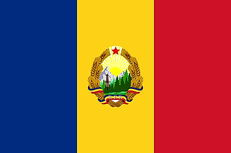 Blue, yellow, and red vertical bands with seal (with a red star) centered on yellow