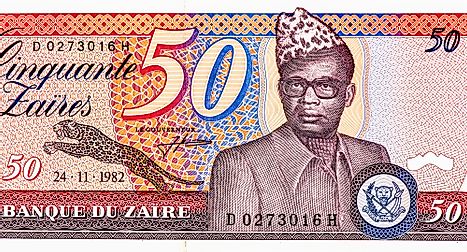 Mobutu Sese Seko (1930-1997). Portrait from Zaire 50 zaire 1985 Banknotes.