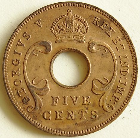 Obverse face of 1935 East African 5 cent coin.