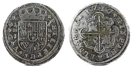 Ancient Spanish silver coins of the King Felipe V. 1717. Coined in Madrid. 2 reales.