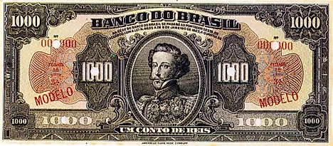 1 million real banknote (1923) with Emperor Pedro I's effigy.