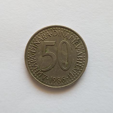 A 50 dinar coin, the currency of the Socialist Federal Republic of Yugoslavia, issued in 1986.