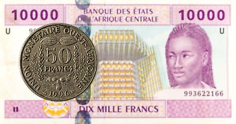 50 CFA franc coin against 10000 CFA franc bank note