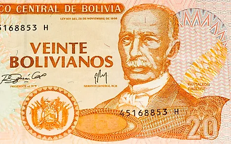 20 bolivianos bank note of Bolivia.