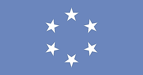 Blue field with six white 5-pointed stars