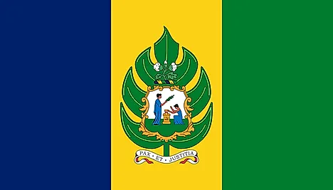 Blue, yellow, and green horizontal stripes (without the white stripes) with the national symbol on yello