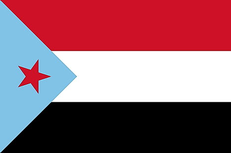 Red, white, and black horizontal stripes with light blue triangle on hoist side containing red, 5-pointed star
