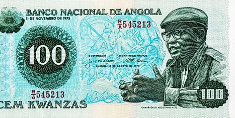Antonio Agostinho Neto, the first President of Angola's portrait featured on Angola 100 Kwanzas 1977-1979 banknotes.