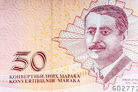 Jovan Ducic (1874 - 1943), a Herzegovinian Serb poet-diplomat, on 50 convertible marks 2012 banknote from Bosnia.
