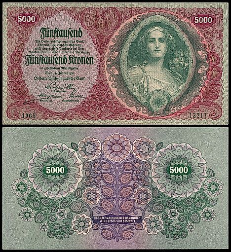 5000 kronen banknote, 1922. Image credit: Staatsdruckerei, Vienna/Wikimedia.org