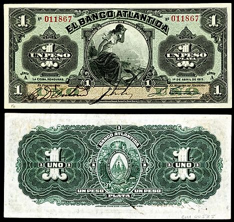 Banco Atlantida, Honduras 1 Peso banknote (1913)
