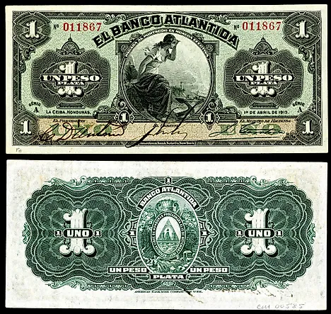 Banco Atlantida, Honduras 1 Peso banknote (1913)