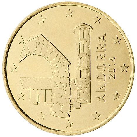  Andorra euro coins of 10, 20 and 50 cent coins show the Romanesque church of Santa Coloma.