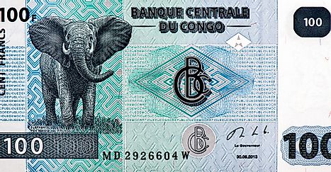 Portrait of African Bush Elephant at Virunga National Park on DRC 100 Francs 2007 Banknotes