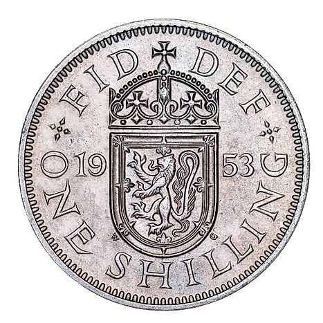 One British shilling. British sterling coinage was adopted as currency in Barbados in 1848.