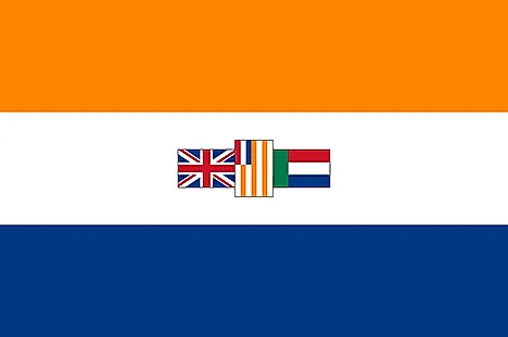 Orange, White, and Blue horizontal stripes with three flags on white