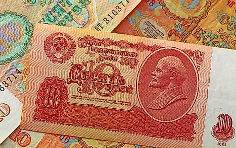 10 Soviet Russian rubles chervonets banknote with the portrait of Lenin. This currency was in circulation prior to the introduction of dram in 1993.