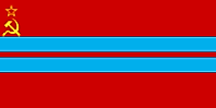 Red flag with two blue stripes in the middle and Soviet's emblem on upper hoist side