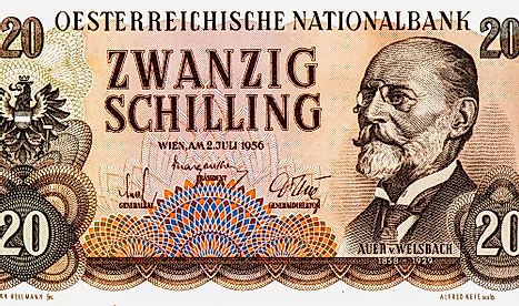The inventor and scientist Carl Auer von Welsbach, Portrait from Austria 20 Schilling 1956 Banknotes.