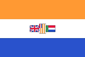 Orange, white, and blue horizontal stripes with the Union Jack, flag of the Orange Free State, and Transvaal Vierkleur centered on white