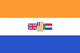 Orange, white, and blue horizontal stripes with the Union Jack, flag of the Orange Free State, and Transvaal Vierkleur centered on white